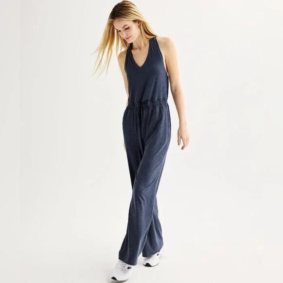 NWOT FLX Travel/Leisure Black Sleeveless Racerback WideLeg Drawstring Jumpsuit M - Picture 1 of 14